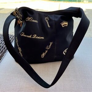 Creations Monaco Black Nylon Handbag w Gold Embroidery Names of French Riviera